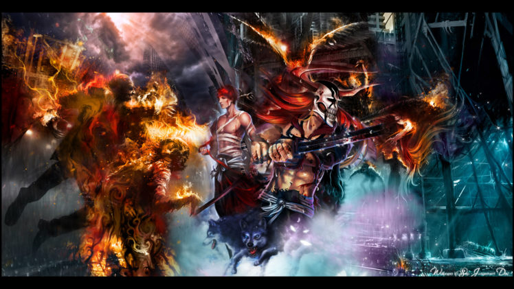 animal, Bleach, Fire, Kurosaki, Ichigo, Red, Hair, Weapon, Wolf HD Wallpaper Desktop Background