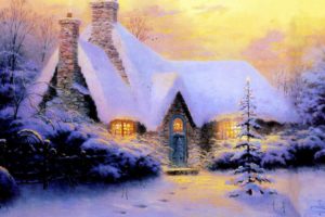 christmas, New, Year, House, Fur tree, Snow, Winter, Light, Stone