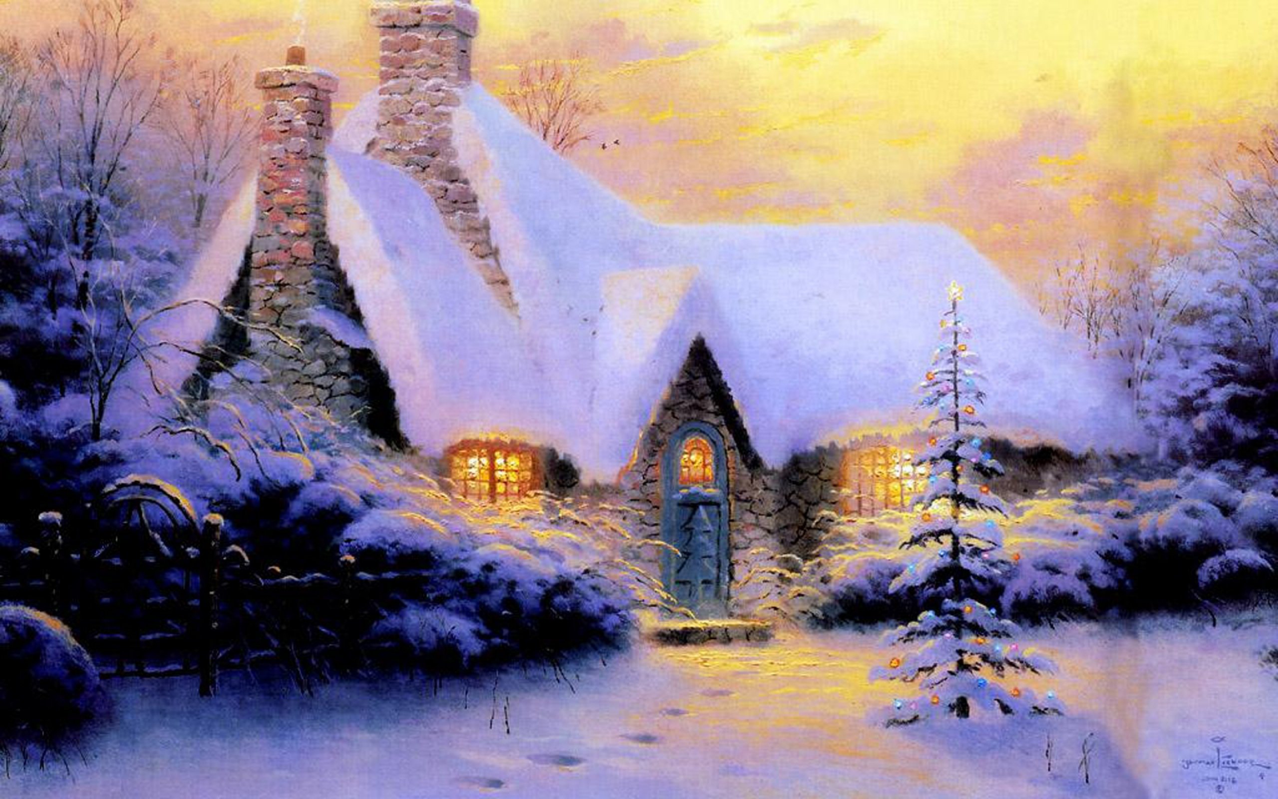 christmas, New, Year, House, Fur tree, Snow, Winter, Light, Stone Wallpaper