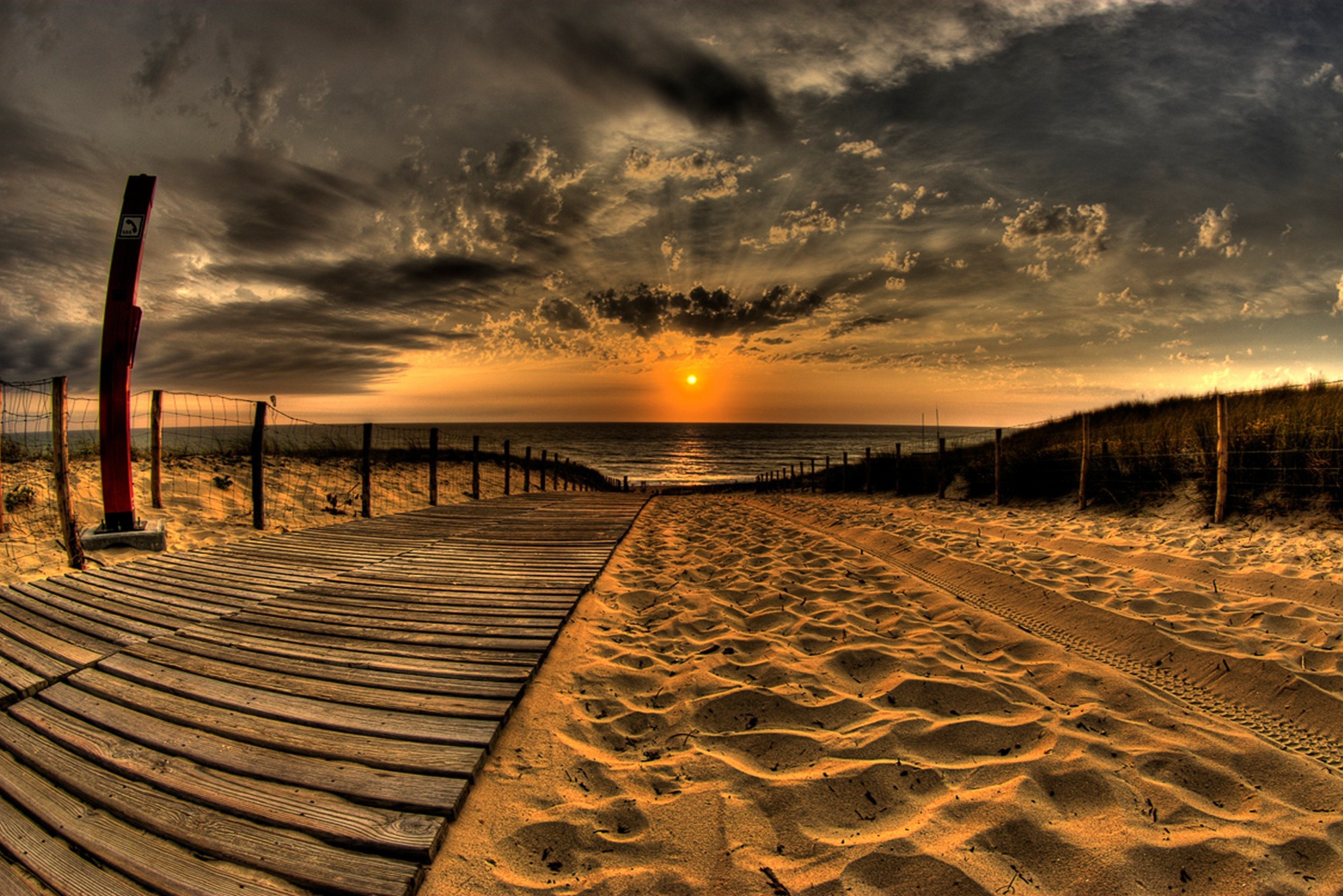 beach, Sand, Road, Traces, Fence, Sun, Evening, Sky, Decline, Clouds Wallpaper