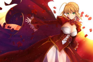 blonde, Hair, Cleavage, Dress, Fate, Extra, Fate, Stay, Night, Green, Eyes, Ladymarta, Panties, Petals, Saber, Extra, See, Through, Thighhighs, Underwear