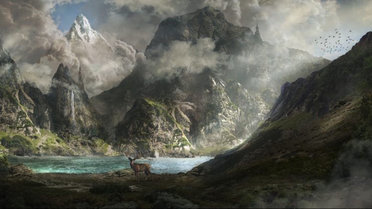 fantasy, Artwork, Art, Landscape, Nature, Deer, River, Lake, Waterfall HD Wallpaper Desktop Background