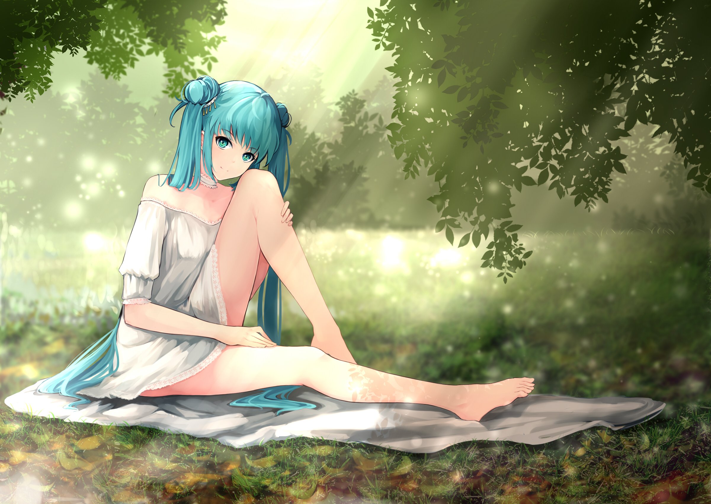 Aqua Eyes Aqua Hair Barefoot Dre Dress Grass Hatsune Miku Long Hair Summer Dress