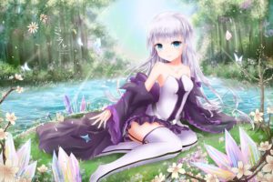 aqua, Eyes, Boots, Butterfly, Flowers, Forest, Grass, Kinom, Long, Hair, Mira,  kenjou, No, Deshi , Signed, Thighhighs, Tree, Water, White, Hair