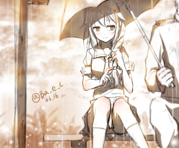 boyogo, Braids, Kantai, Collection, Kneehighs, Monochrome, Rain, Sei, Shigure,  kancolle , Signed, Sketch, Umbrella, Water HD Wallpaper Desktop Background