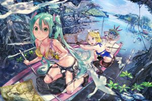 animal, Bikini, Bird, Boots, Breasts, Camera, Car, Cleavage, El zheng, Gloves, Goggles, Leaves, Male, Paper, Shorts, Spear, Swimsuit, Tree, Turtle, Vocaloid, Water, Weapon