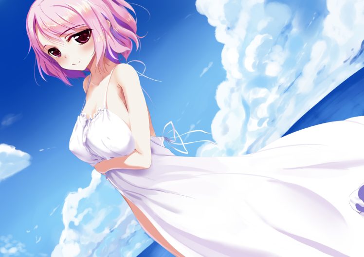 breasts, Clouds, Pink, Eyes, Pink, Hair, Saigyouji, Yuyuko, Short, Hair, Sky, Summer, Dress, Touhou, Water HD Wallpaper Desktop Background