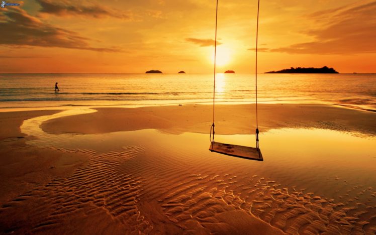 swing, Sunset, Sea, Sandy, Beach, Orange, Beauty, Sky HD Wallpaper Desktop Background