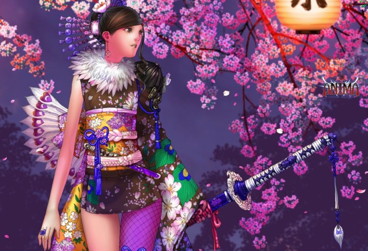 samurai, Girl, Fantasy, Flower, Pink, Dress, Sword HD Wallpaper Desktop Background