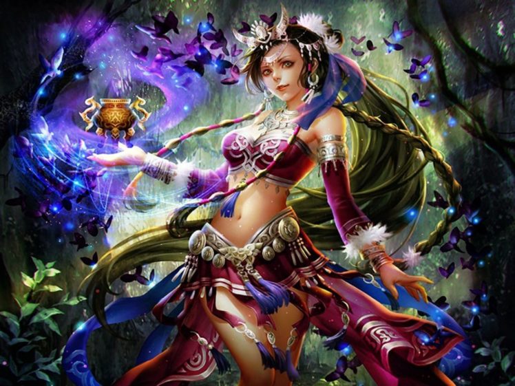 fantasy, Girl, Dress, Butterfly, Forest, Magic, Beautiful HD Wallpaper Desktop Background