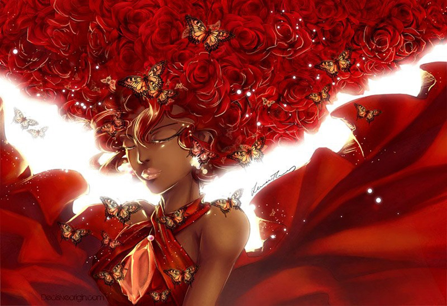 fantasy, Dress, Red, Butterfly, Hair, Beautiful, Girl, Face, Portrait Wallpaper