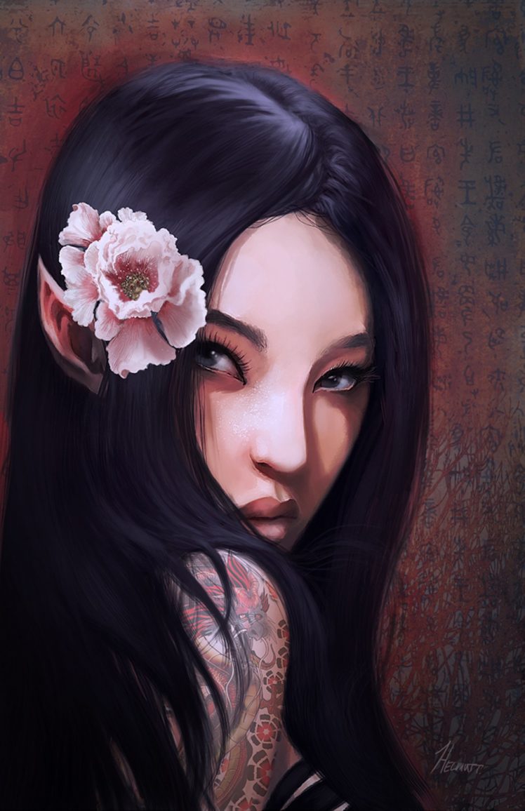 exotic, Poison, Fantasy, Girl, Woman, Elf, Tattoo, Flower, Face, Portrait HD Wallpaper Desktop Background