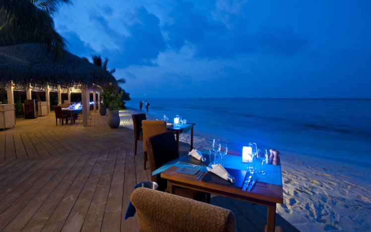 maldives, Table, Chairs, Beach, Sea, Interior HD Wallpaper Desktop Background