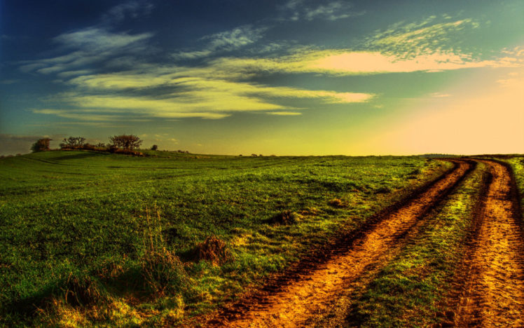 sunset, Field, Road, Landscape HD Wallpaper Desktop Background