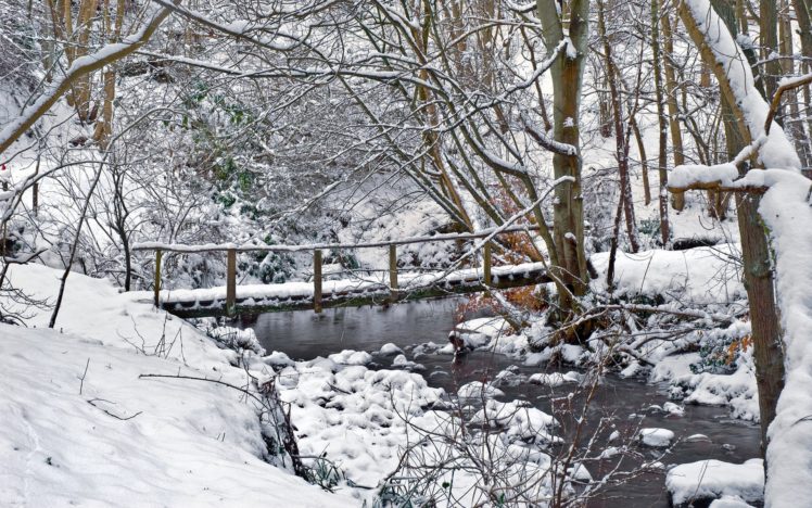 winter, River, Bridge, Landscape, Trees HD Wallpaper Desktop Background