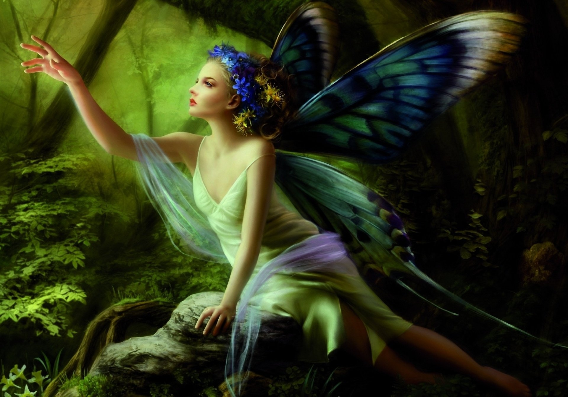 arts, Hand, Sitting, Forest, Stone, Fairy, Butterfly, Wings, Girl Wallpaper
