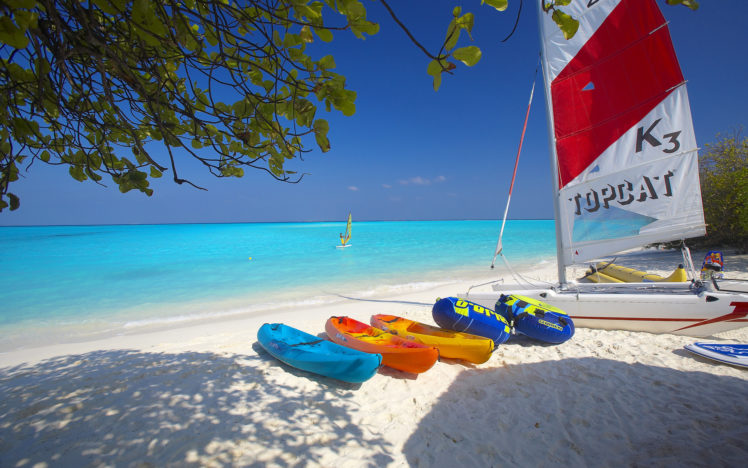 maldives, Island, Beach, Boat, Sailboat, Tree, Branches HD Wallpaper Desktop Background