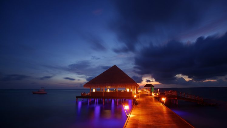 night, Lights, Maldives, Tropical, Beach, Bungalow, Ocean, Sea, Sunset, Reflection HD Wallpaper Desktop Background