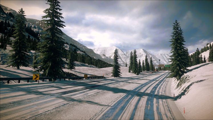 trees, Snow, Winter, Road, Landscapes, Mountains HD Wallpaper Desktop Background