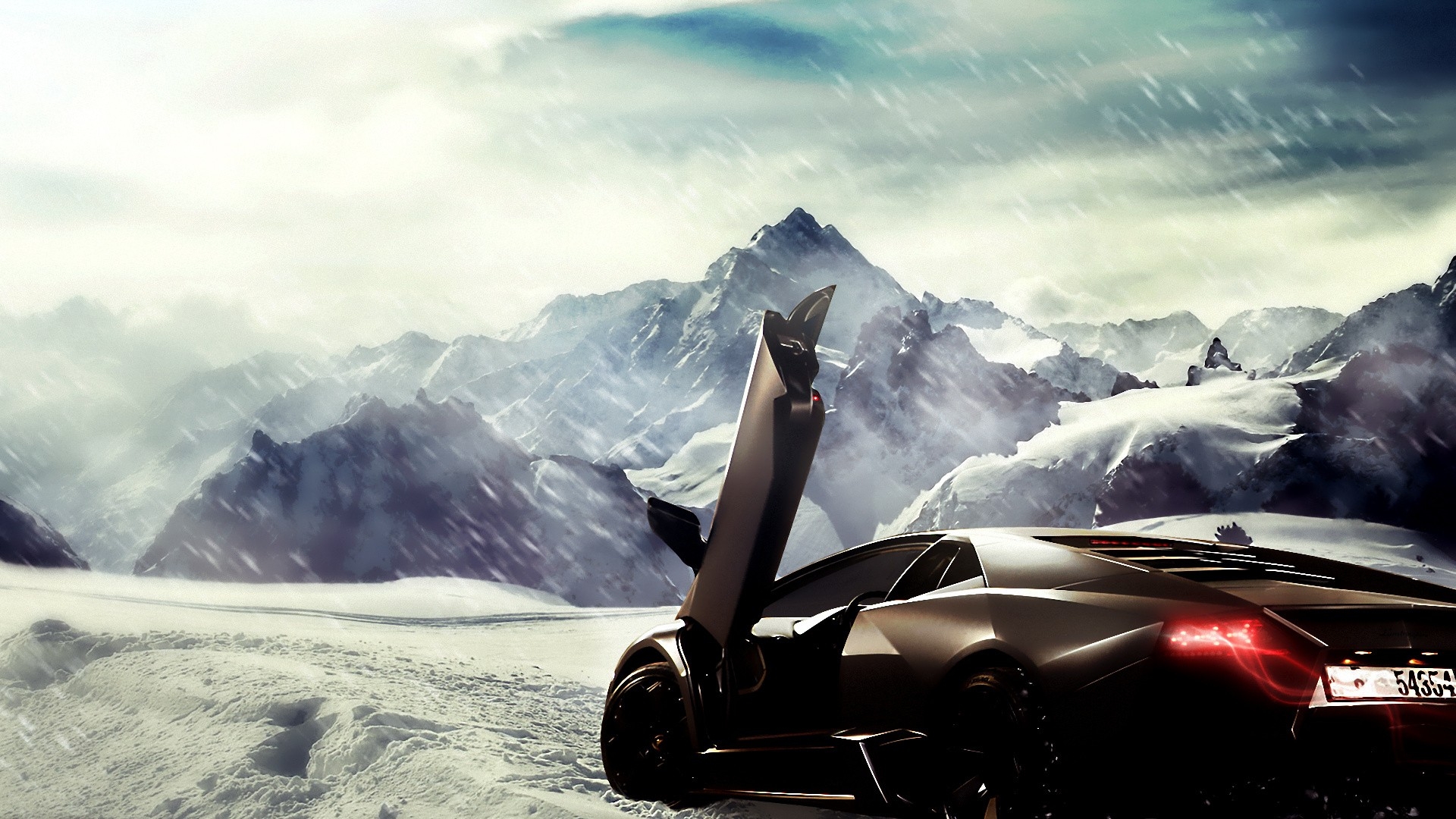 mountains, Winter, Snow, Artwork, Supercars, Lamborghini, Reventon, Black, Cars, Butterfly, Doors Wallpaper