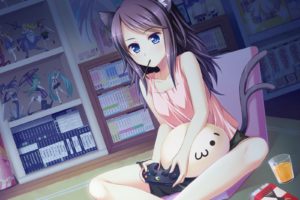 animal, Ears, Black, Hair, Blue, Eyes, Catgirl, Drink, Food, Game, Cg, Game, Console, Night, Otomimi, Infinity, Pocky, Suzune, Mayoi, Tail
