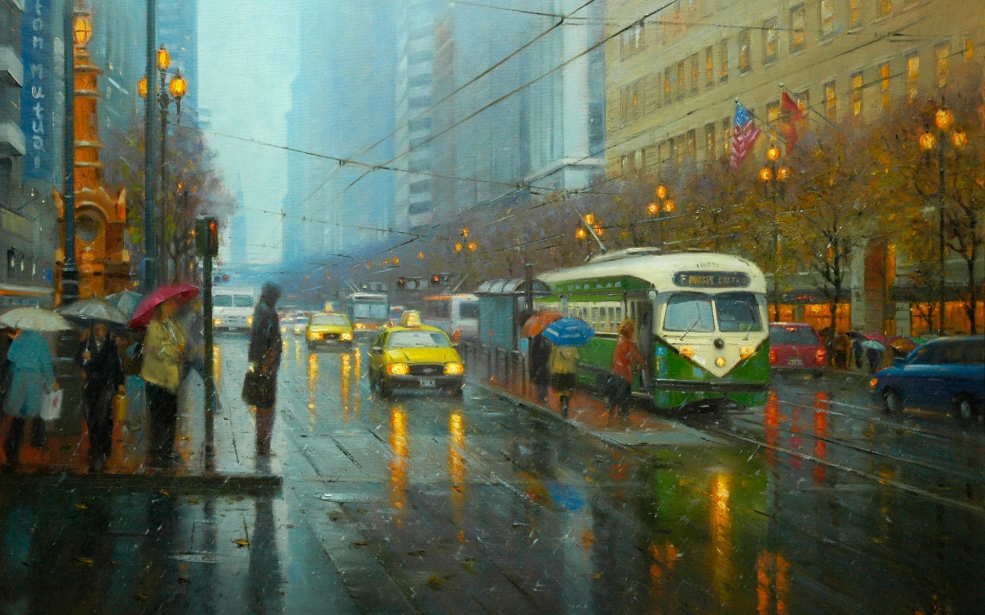 painting, Art, Po, Pin, Lin, Street, City, Rain, Tram, People, Umbrellas, Taxi, Lights, Lamps, Lights, Cars, Road, Wire, Flags, America Wallpaper