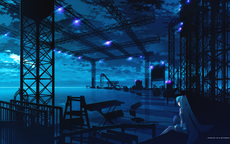 blue, Clouds, Drums, Hatsune, Miku, Instrument, Mikumix, Night, Polychromatic, Vocaloid HD Wallpaper Desktop Background