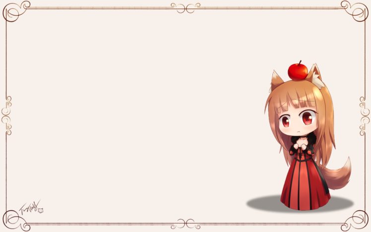 apple, Blush, Brown, Hair, Chibi, Cosplay, Food, Horo, Langbazi, Long, Hair, Maoyuu, Maou, Yuusha, Parody, Red, Eyes, Signed, Spice, And, Wolf, Tail, Wolfgirl HD Wallpaper Desktop Background