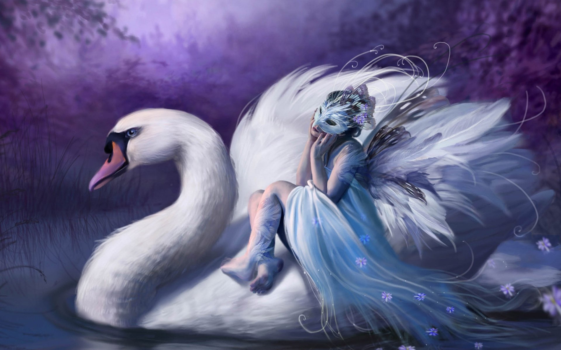 arts, Girl, Swan, Mask, Lake, Fantasy Wallpaper