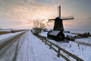 mill, Road, Sunset, Winter, Landscape