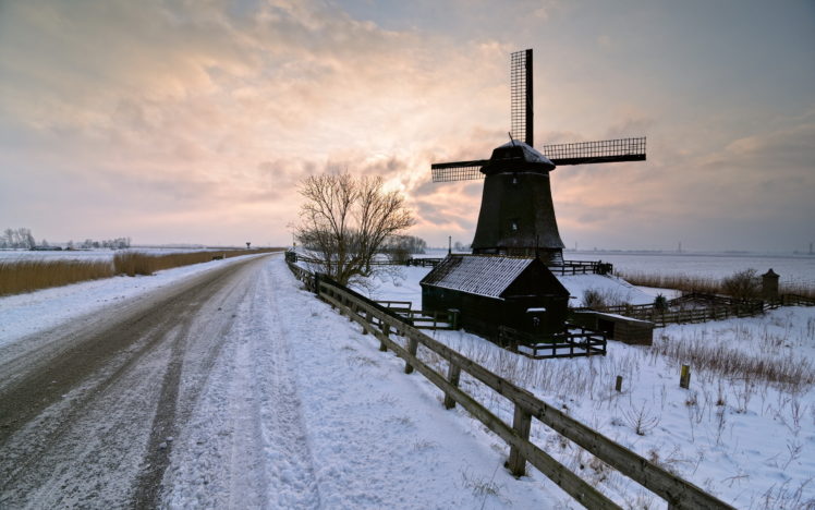 mill, Road, Sunset, Winter, Landscape HD Wallpaper Desktop Background