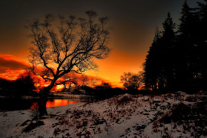 sunset, River, Snow, Landscape