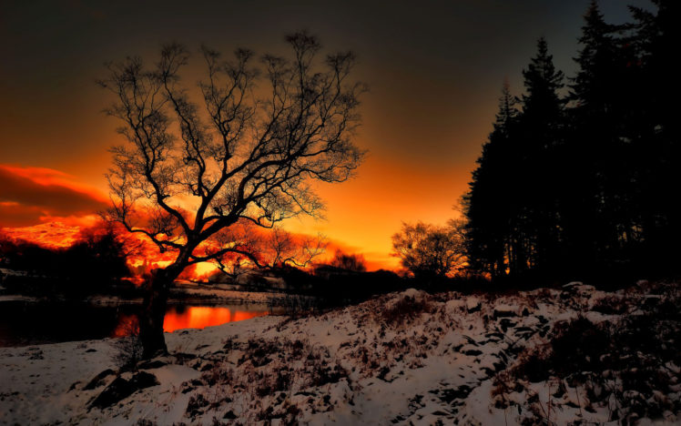 sunset, River, Snow, Landscape HD Wallpaper Desktop Background