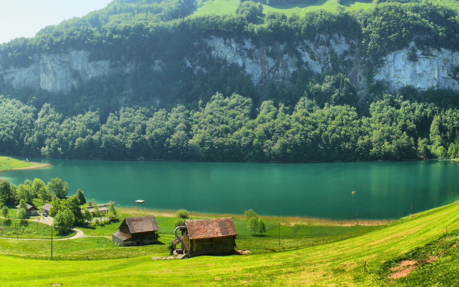 switzerland, Mountain, Rivers, Houses, Meadow, Grass, Trees Wallpaper
