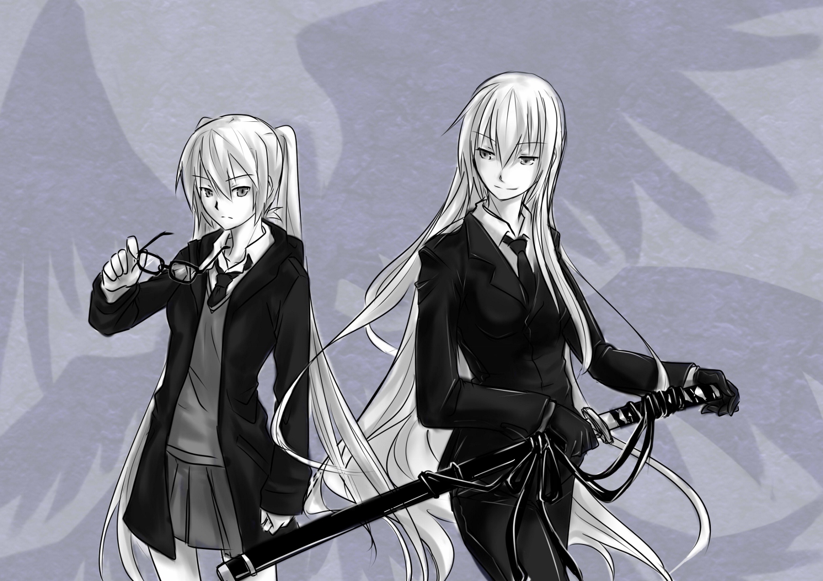 Glasses Hatsune Miku Katana Long Hair Megurine Luka Monochrome P S Sword Twintails