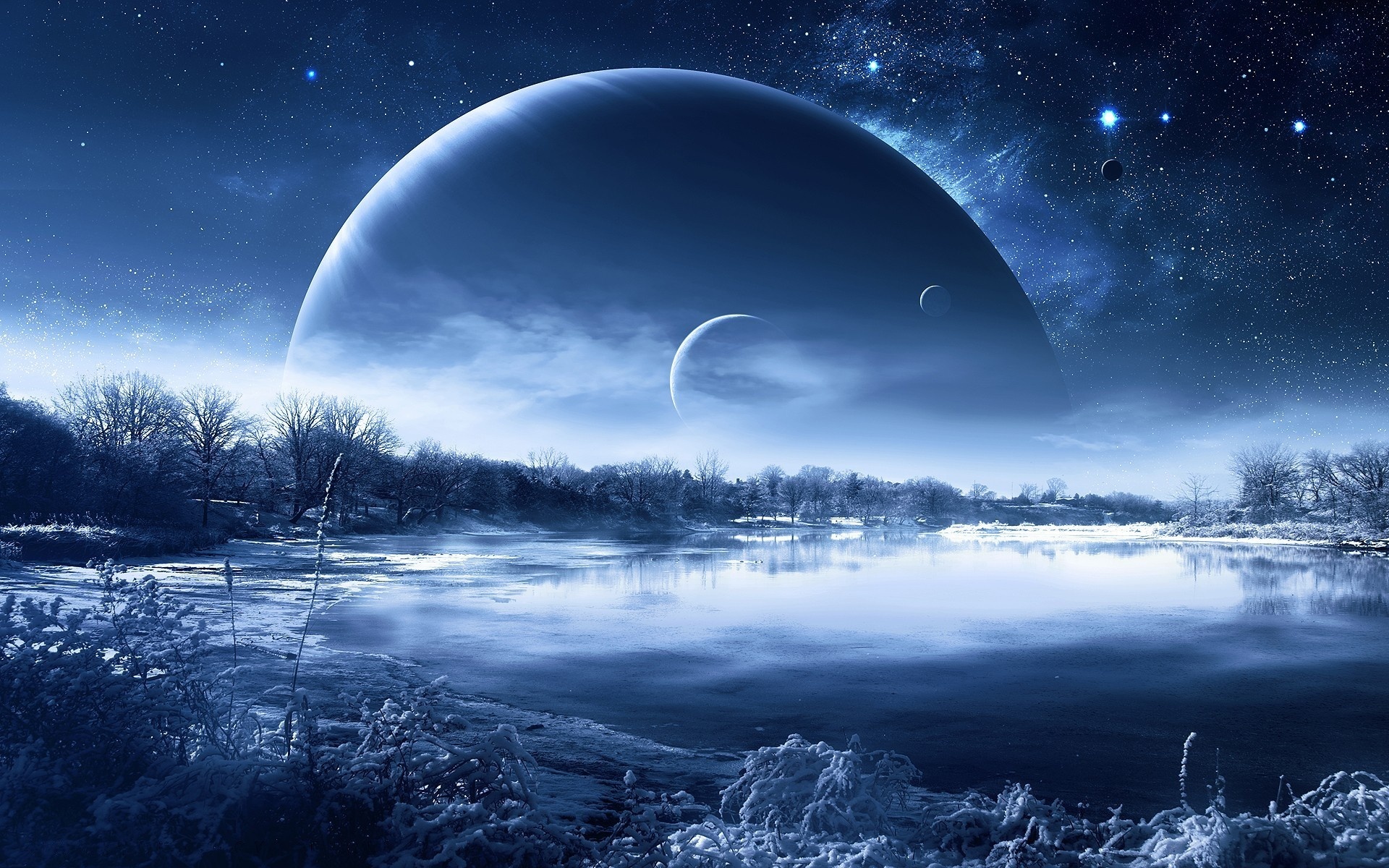 night, Nature, Planet, A, Fantastic, Landscape, Lakes, Reflection, Winter, Sky, Stars Wallpaper