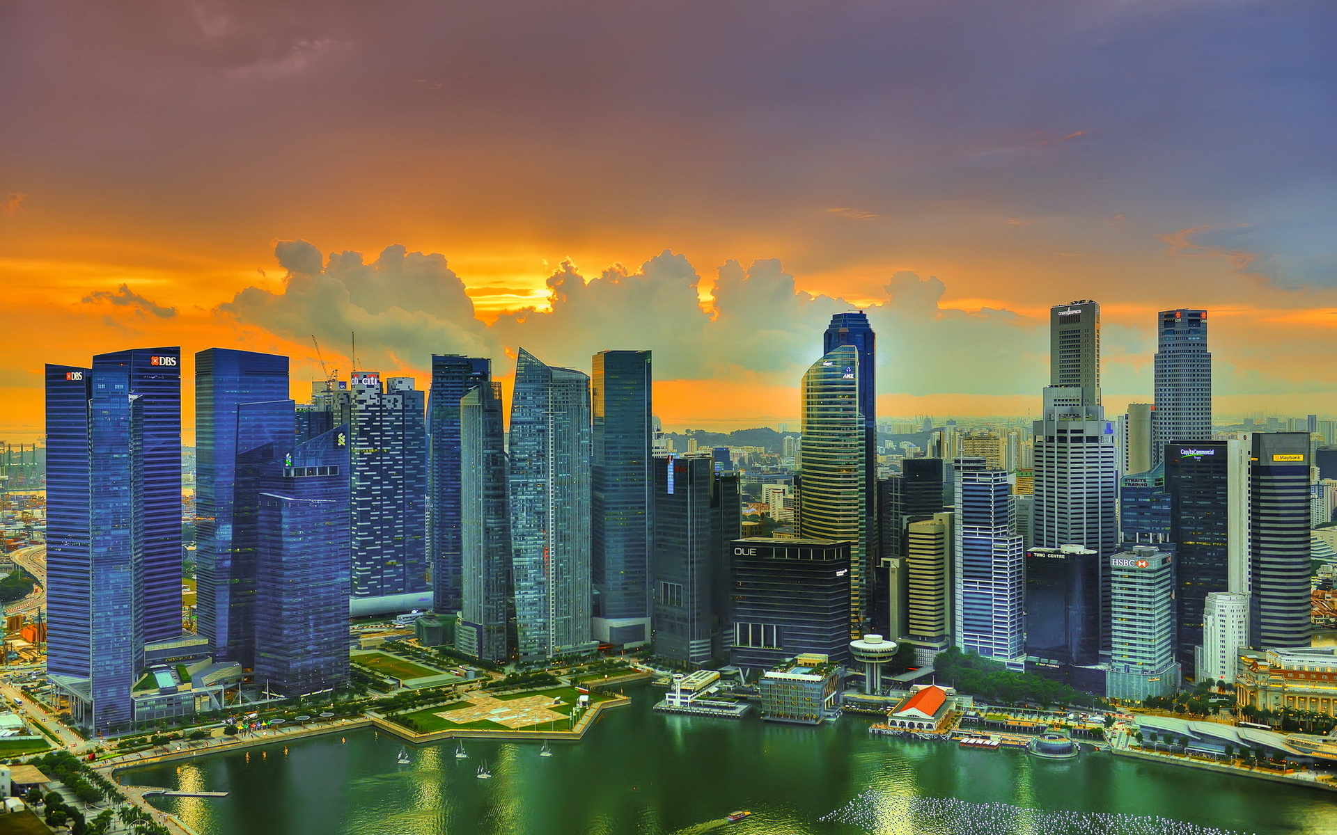singapore, Skyscrapers, Clouds, Sun, Sunset Wallpaper
