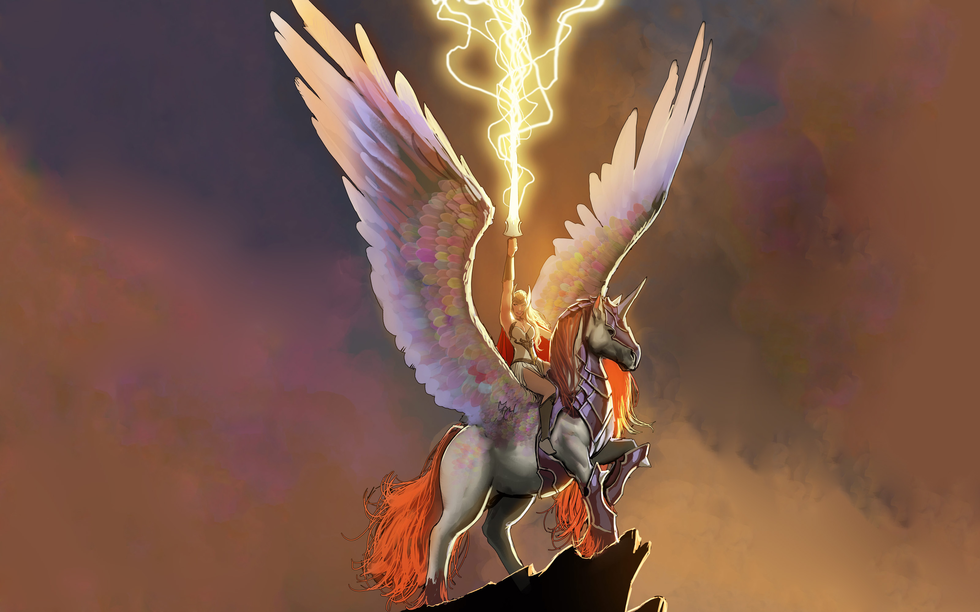valkyrie, Marvel, Pegasus, Lightning, Wings, Drawing Wallpaper