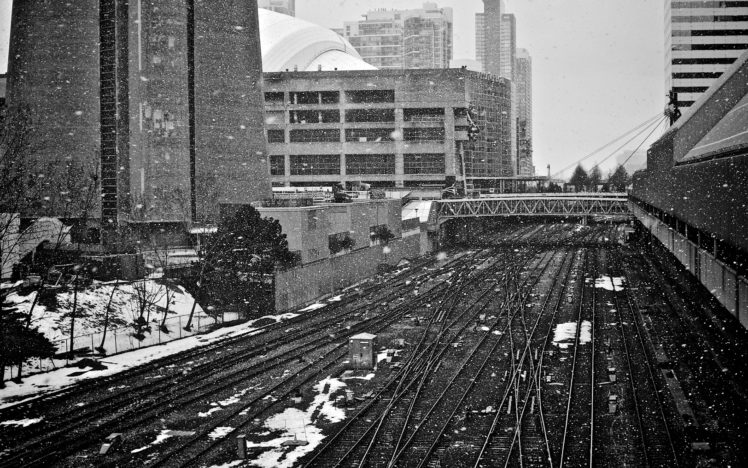 winter, Snow, Bw, Tracks, Buildings, Railroad, Toronto HD Wallpaper Desktop Background