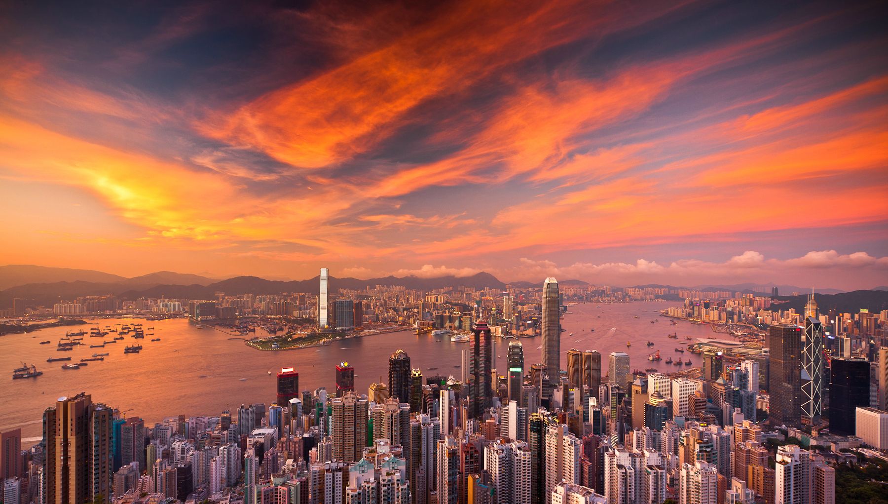 buildings, Skyscrapers, Sunset, Clouds, Aerial, Hong, Kong Wallpaper