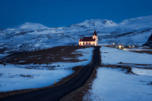 iceland, Church, Light, Lighting, Road, Hills, Mountains, Snow, Blue, Sky, Night