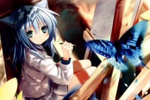anime, Catgirl, Blue, Hair, Blue, Eyes, Drawing, With, Blue, Butterfy