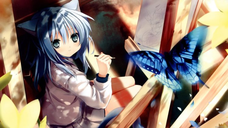 anime, Catgirl, Blue, Hair, Blue, Eyes, Drawing, With, Blue, Butterfy HD Wallpaper Desktop Background