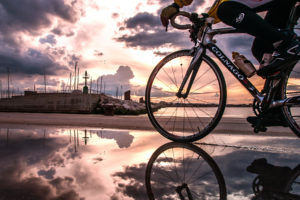 bicycle, Reflection, Sunset, Clouds, Puddle