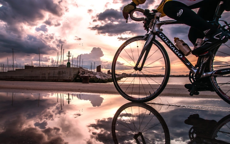 bicycle, Reflection, Sunset, Clouds, Puddle HD Wallpaper Desktop Background