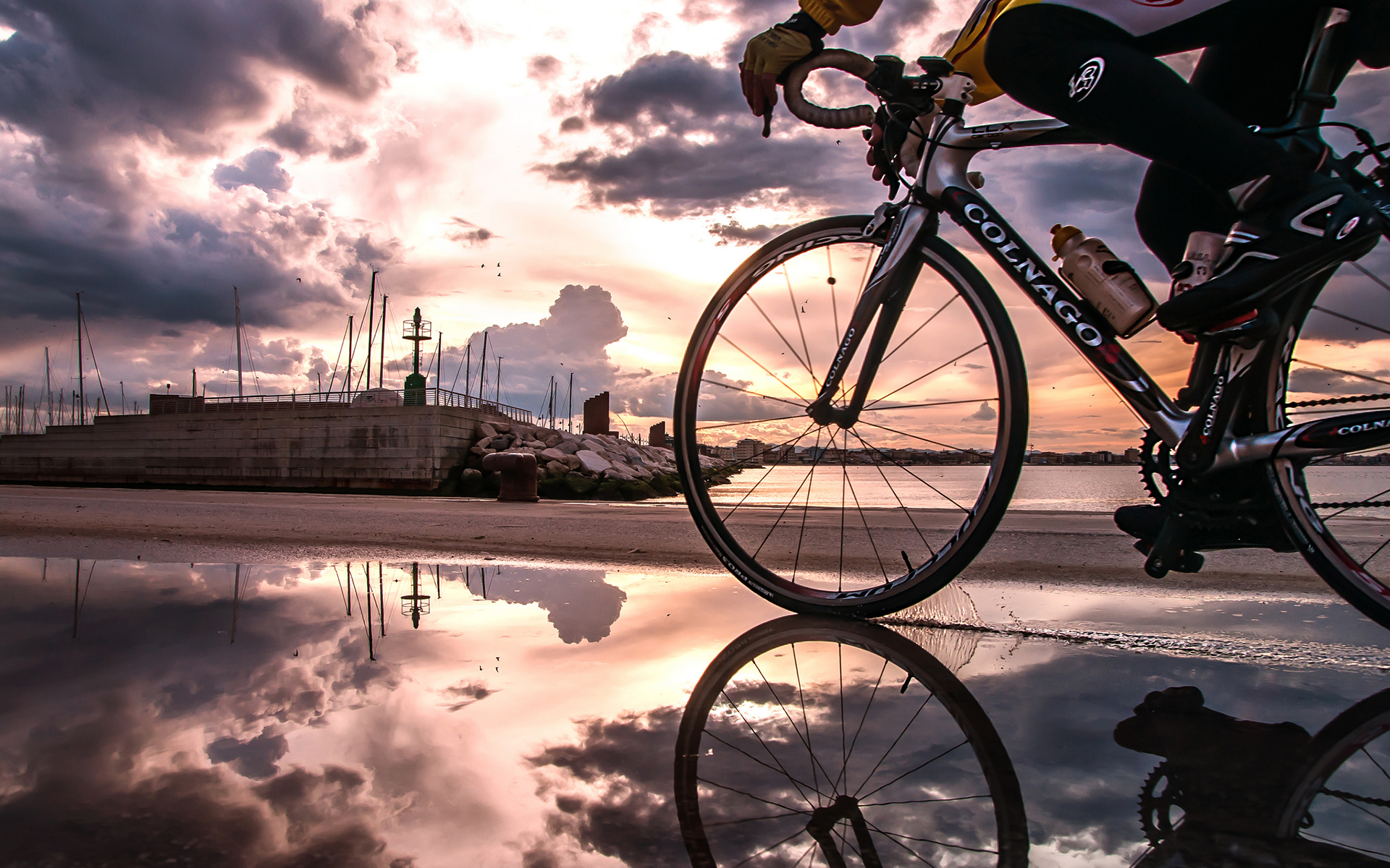 bicycle, Reflection, Sunset, Clouds, Puddle Wallpaper