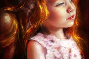 little, Girl, 2d, Realism, Kid, Child, Portrait, Face, Painting, Red, Hair, Beautiful, Pretty, Dress