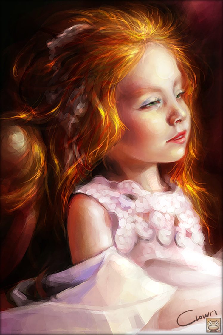 little, Girl, 2d, Realism, Kid, Child, Portrait, Face, Painting, Red, Hair, Beautiful, Pretty, Dress HD Wallpaper Desktop Background