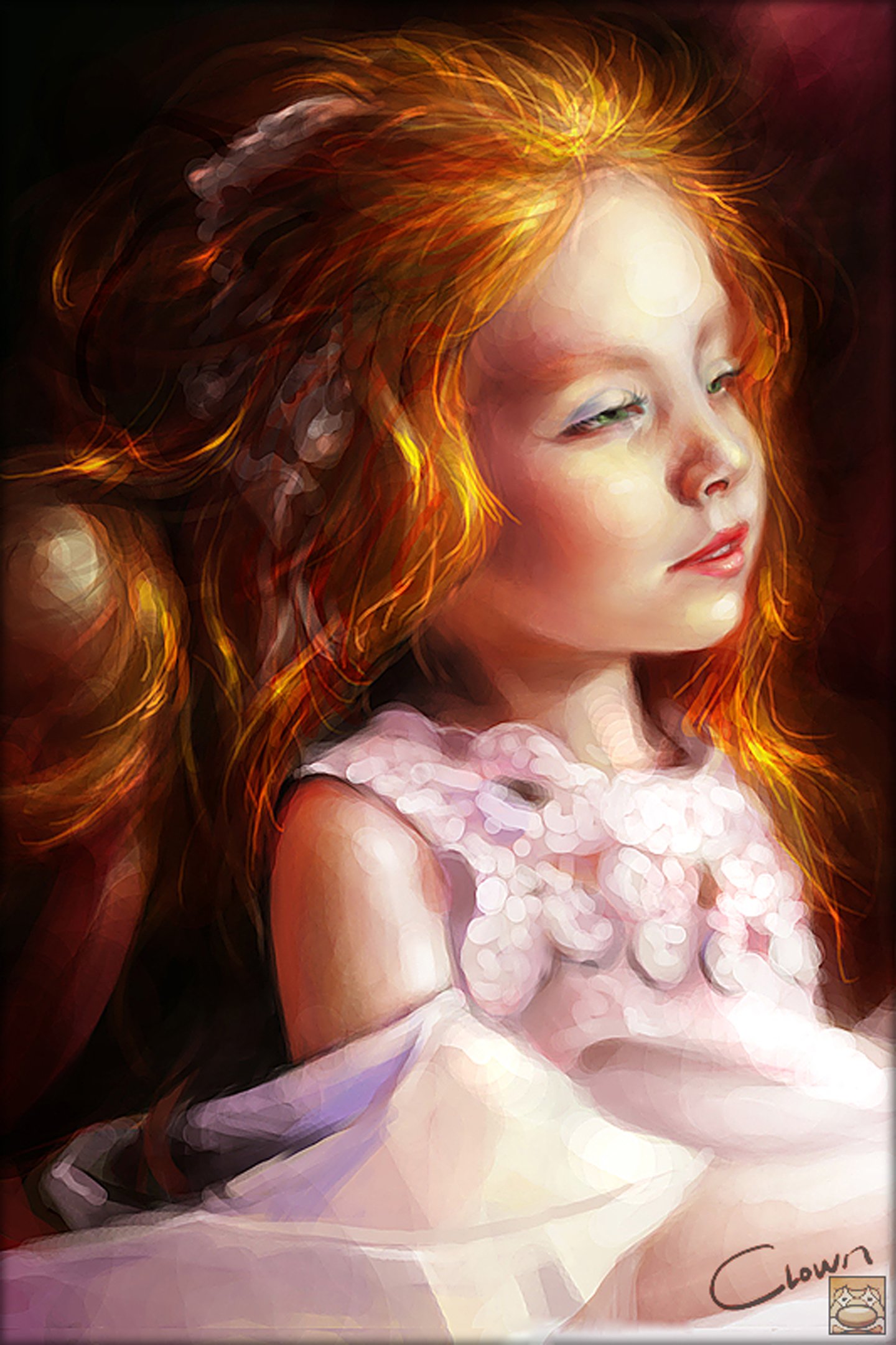 little, Girl, 2d, Realism, Kid, Child, Portrait, Face, Painting, Red, Hair, Beautiful, Pretty, Dress Wallpaper