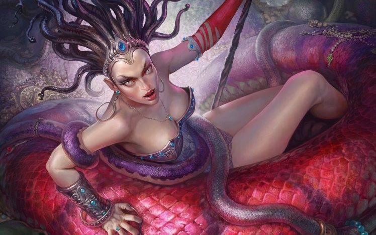 fantasy, Art, Artwork, Women, Woman, Girl, Girls, Medusa, Serpent, Snake, Warrior HD Wallpaper Desktop Background